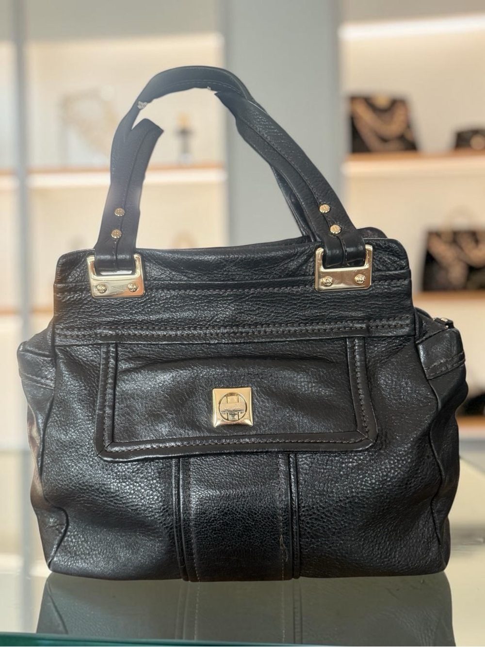 Classic Kate Spade Black Leather Satchel Handbag with Gold Hardware